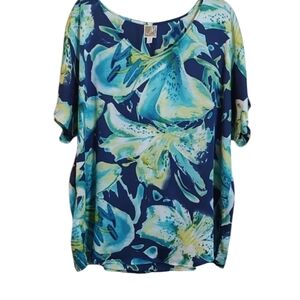 JM Abstract Floral Vibrant Blue & Green Short Sleeve V Neck Top Sz 0X